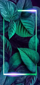 Vibrant green leaves with neon geometric border.