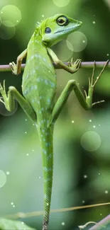 Vibrant green lizard on leafy branch in natural habitat.