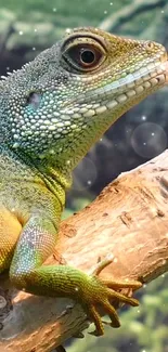 Close-up of a vibrant green lizard on a branch.