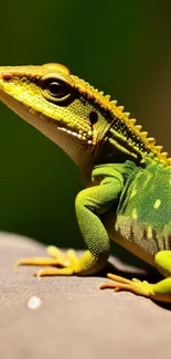 Close-up of a vibrant green lizard on a textured surface, ideal for phone wallpaper.