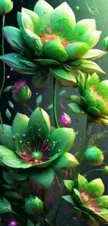 Vibrant green lotus flowers with intricate details on a mobile wallpaper.