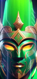 Green tribal mask with golden accents on a dark background.