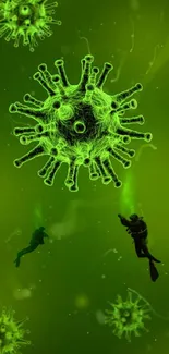 Mobile wallpaper with vibrant green microorganisms and divers in the background.