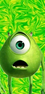 Green one-eyed cartoon character with vibrant background.