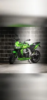 A vibrant green motorcycle parked against a brick wall, capturing speed and style.