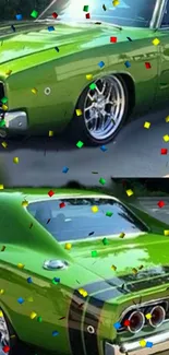 Classic green muscle car with vibrant confetti background.