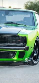 Vibrant green muscle car parked prominently on a street.