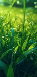 Close-up of vibrant green grass with dewdrops, creating a refreshing nature image.