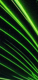 Dynamic green neon stripes on a starry black background.