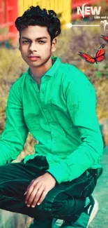 Portrait of young person in green shirt with colorful background.