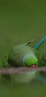 Elegant green parakeet against lush greenery.