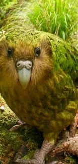 Kakapo parrot amidst green foliage, showcasing its natural habitat.