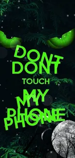 Green text and eyes with dark forest mobile wallpaper.