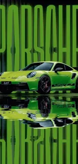 Green Porsche sports car with reflection on road.