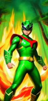 Vibrant green ranger in a fiery forest background.