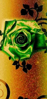 Green rose with black floral design on golden background.