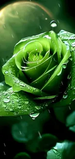 Vibrant green rose with dew-drops as wallpaper.