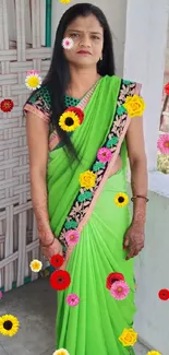 Vibrant green sari with intricate design