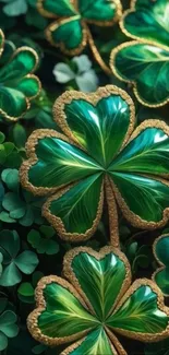 Vibrant green shamrock leaves with golden edges.