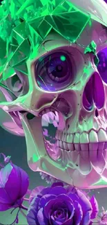 Vibrant skull with green crystals and purple flowers.