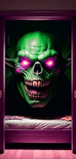 Green skull with glowing pink eyes in a doorway mobile wallpaper.