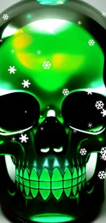 Artistic green skull with snowflakes on a mobile wallpaper design.