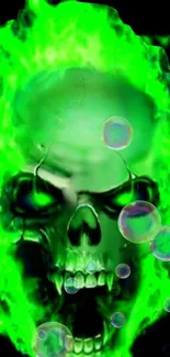 Vibrant green skull with fiery glow on dark background.