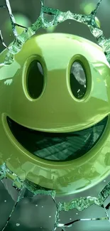 3D smiley face breaking through shattered glass in a vibrant green tone.