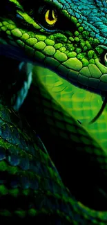 Vibrant green snake with intricate scales on phone wallpaper.