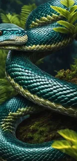 Vibrant green snake coiled in lush jungle foliage.