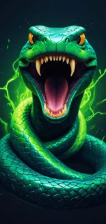 A vibrant green snake with open mouth and lightning background.