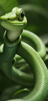 Green snake coiled elegantly against lush foliage.