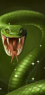 Vibrant digital art of a fierce green snake with open mouth.