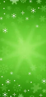 Green wallpaper with snowflakes and stars.