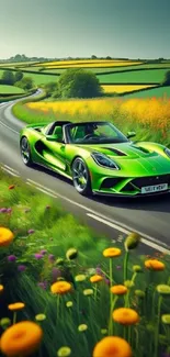 Green sports car driving through colorful countryside.