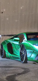 Vibrant green sports car with glowing lights and sleek design.