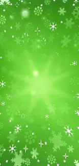 Green wallpaper with stars and snowflakes.