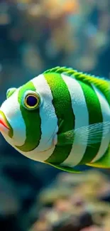 Green striped fish swimming in a vibrant underwater scene.