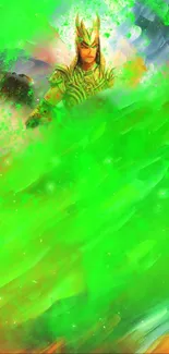 Fantasy warrior with vibrant green background.