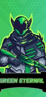 Green warrior with neon accents on vibrant background.