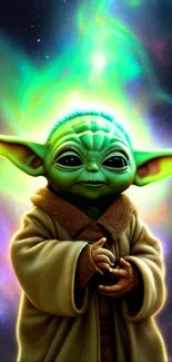 Vibrant green Yoda with cosmic neon background on a phone wallpaper.