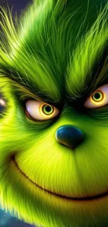 Vibrant Grinch character with green fur and mischievous smile.