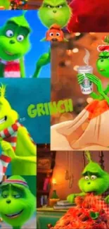 Colorful Grinch holiday collage wallpaper for mobile phones.