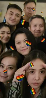 Group photo with rainbow heart accents on a black background.