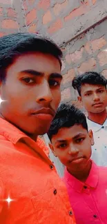 Group selfie with colorful shirts and playful effects.