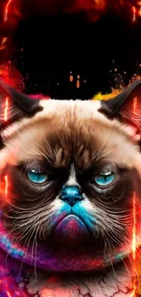 Grumpy cat digital art with vibrant color splash on a black background.