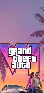 GTA VI game wallpaper with sunset and palm trees.