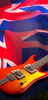 Electric guitar with Union Jack background, vibrant and colorful design.