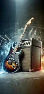 Electric guitar and amplifier on digital backdrop.