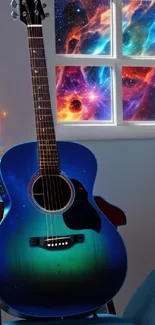 Vibrant blue guitar with cosmic window view.